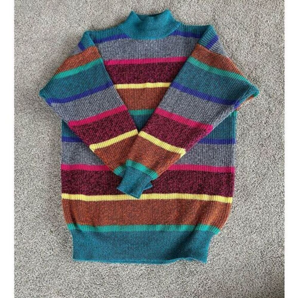 Vintage 80's Here is a Hug High Neck Sweater Rainbow Stripes size LARGE - Picture 1 of 10